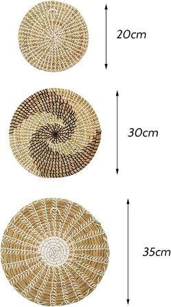 Набір з 3 плетених кошиків, прикраса стін, морська трава, ткані, для підвішування, плоскі кошики, прикраса в стилі бохо, круглий кошик для прикраси стін