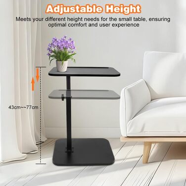 С-подібний бічний столик, поворотний на 360 та регульований по висоті диванний столик, журнальний столик, бічний столик, диванний столик, тумбочка для вітальні, спальні, ванної кімнати, ліжка (чорний)