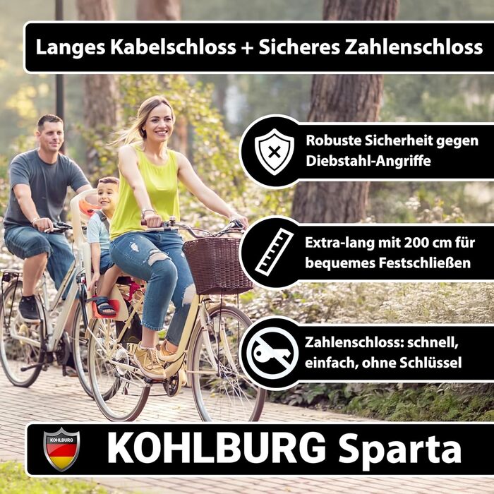 Тросовий замок KOHLBURG завдовжки 2 метри з цифровою комбінацією - кодовий замок 200 см - сталевий тросовий замок із застібками-липучками - сталевий трос, з цифровим кодом для садових меблів для велосипедів та велосипедного замка