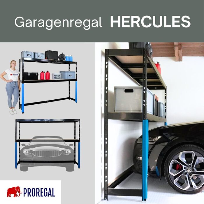 Стелаж для гаража PROREGAL Hercules, компактний, доступний для навантажувача, розміри (ВxШxГ) 180x240x50 см, 2 рівні зберігання, вантажопідйомність полиці 300 кг, чорний, надміцний стелаж, стійка для зберігання