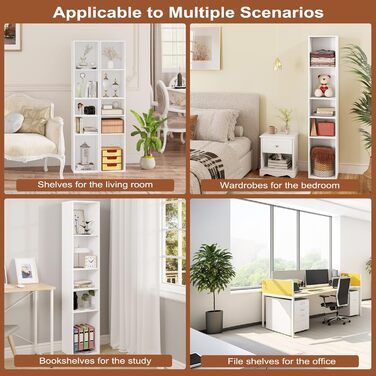 Книжкова полиця WOLTU, відкрита полиця з 5 кубиками, кубічна полиця, роздільник кімнати, полиця для документів, вузька полиця для зберігання, для вітальні, офісу, виготовлена з деревного матеріалу, біла, 30x1526 см, SK034ws 5 полиць (26Г x 30Ш x 151В см) 