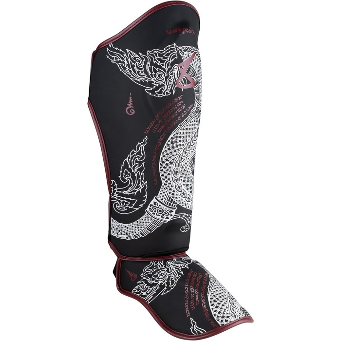 ВИДІВ ЗБРОЇ Щитки для гомілок Sak Yant Naga, чорно-коричневі, для тренувань та змагань, високоякісна синтетична шкіра та ідеальна амортизація, муай-тай, K1, MMA, карате та кікбоксинг, 8