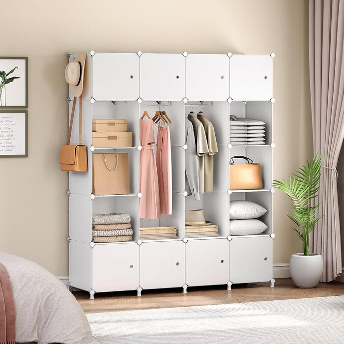 Шафа, Шафа для одягу, Модульна пластикова шафа з 20 кубами, Вставна система полиць з дверима та рейкою для одягу, 2 ряди гачків, 145 x 46,5 x 183 см, Білий EWT45LY01N1