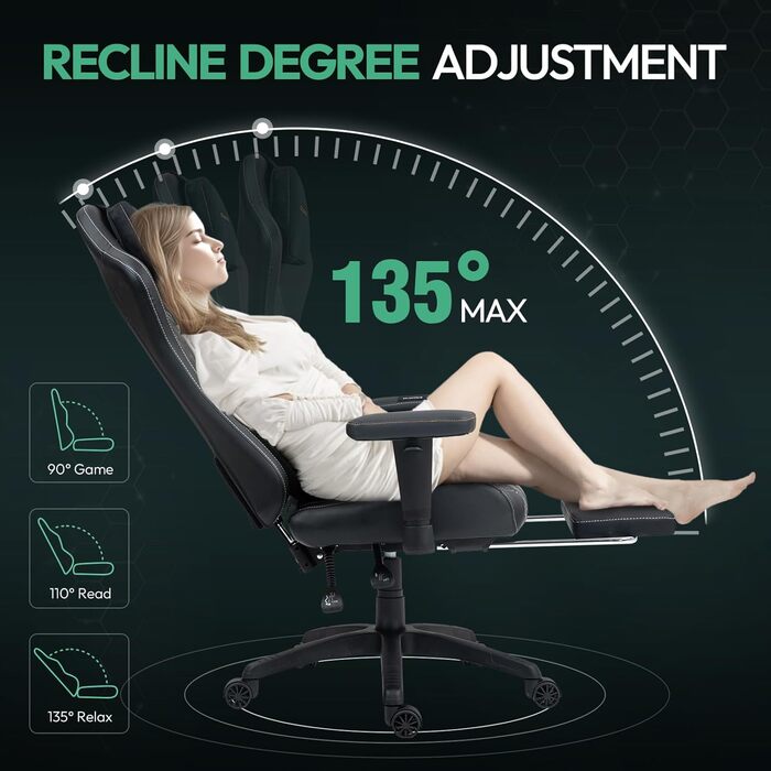 Ігрове крісло Dowinx, ергономічне офісне крісло з функцією масажу та підігріву, дихаюча пружинна подушка типу дивана, регульоване комп&39ютерне крісло з підставкою для ніг, підтримка спини та шиї, чорний/зелений