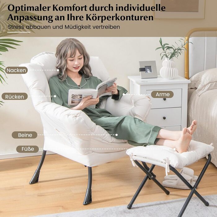 Крісло COSTWAY з підставкою для ніг, відкидне крісло з підлокітниками, бічною кишенею та підставкою для ніг, крісло для відпочинку, крісло для телевізора, крісло з відкидною спинкою для вітальні, спальні, офісу (бежевий) бежевий з підставкою для ніг