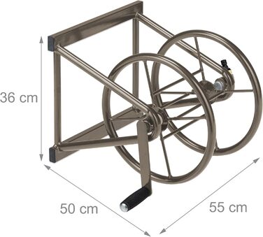 Моток для шланга, сталевий, для 60 м шланга, з 2 швидкозємними зєднаннями, настінний тримач для шланга (ШВТ 36 x 55 x 50 см), коричневий