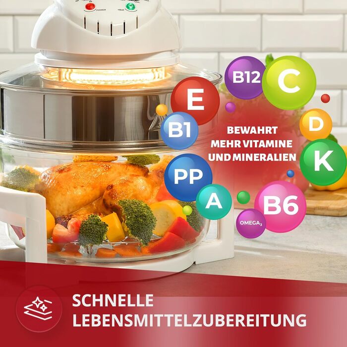 Багатофункціональна духова шафа-гриль MPM MKO-01 з галогенною конвекцією, 220 C, таймер на 60 хвилин, розширювальне кільце ємністю 16,5 літрів, 1400 Вт, скло 17л