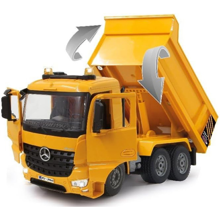 Позашляховик-самоскид Mercedes-Benz Arocs 2,4 ГГц - Кузов підіймається/опускається, реалістичний звук двигуна, клаксон, звук попередження про рух заднім ходом, повний привід, жовті світлодіодні сигнальні вогні, програмовані функції, 404940 -