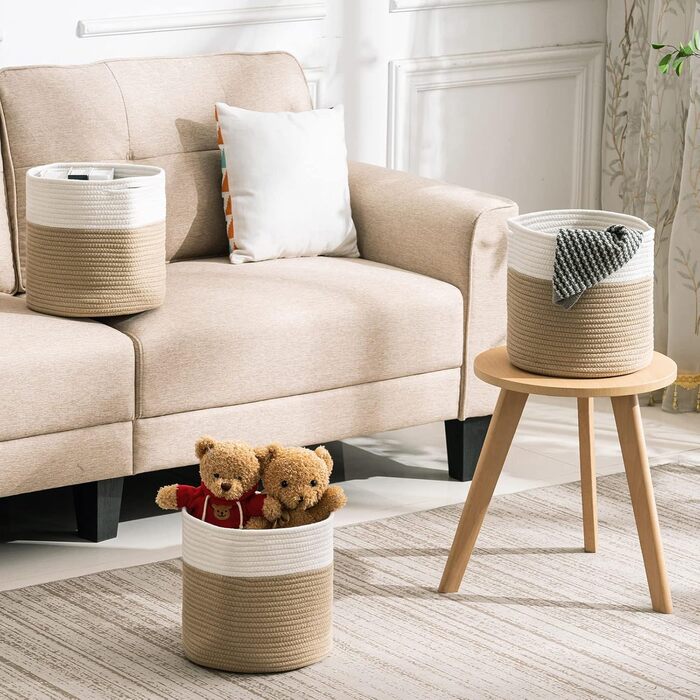Плетений бавовняний кошик, 2 шт., зберігання іграшок для дитячої кімнати, кошик для зберігання, кошик для рослин для вітальні, спальні, 28(Г) x 28(В) см, натуральний, 2 шт. білий/натуральний