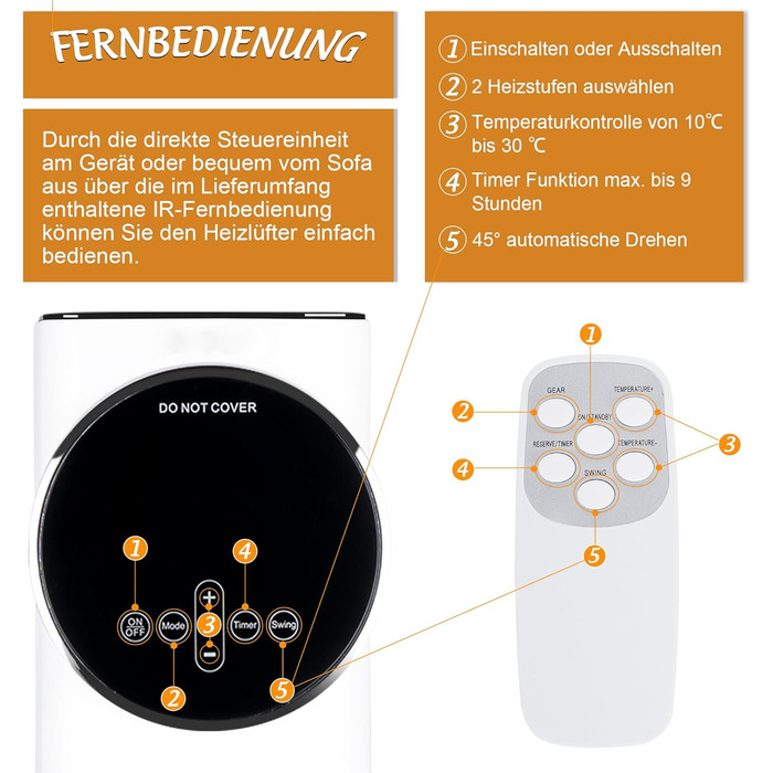 Електричний вентилятор-обігрівач, керамічний нагрівач PTC потужністю 2500 Вт з коливаннями 90, 9-годинним таймером та захистом від перегріву/перекидання, компактний та тихий, енергозберігаючий для офісів