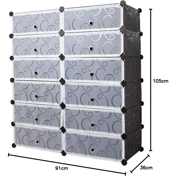 Взуттєва полиця Mondeer, 12 відділень, пластикове відділення для зберігання взуття, модульна пластикова полиця, взуттєва шафа для взуття, сумок та інструментів, з дверцятами, 91 * 36 * 105 см, чорна з друкованим декором
