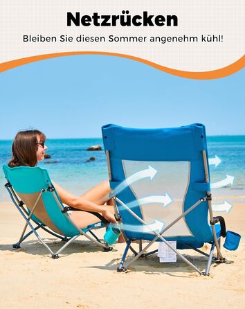 Низький складний пляжний стілець KingCamp, легкий, витримує до 180 кг, складний пляжний стілець із сітчастою спинкою, тримачем для напоїв та сітчастою кишенею, легкий складний кемпінговий стілець, складний стілець для пляжного кемпінгу Hr 2 шт., синє сітч