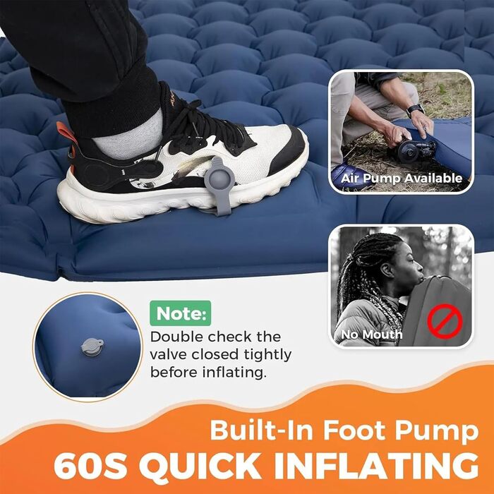 Килимок для кемпінгу, надувний матрац з подушкою, надувний килимок для сну, 180 x 120 x 5 см, ідеально підходить для піших прогулянок, подорожей на природі, кемпінгу на автомобілі, трекінгу та пригод у дикій природі, темно-синій