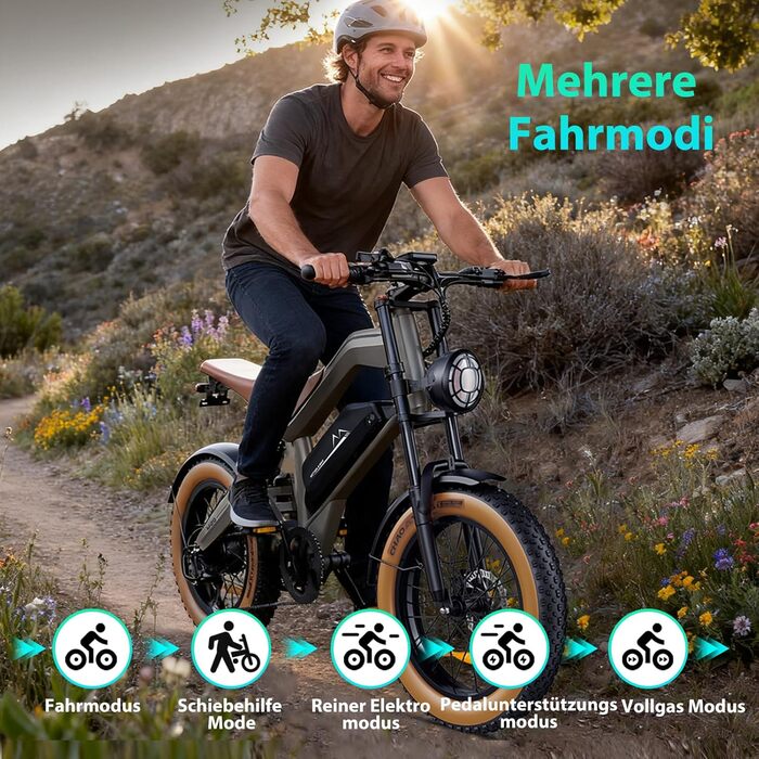 Чоловічий електровелосипед, 20 x 4.0-дюймові всесезонні широкі шини, електричний велосипед з двигуном 250 Вт, акумулятор 48 В 18.2 Аг, 25 км/год, запас ходу до 161 км, картка NFC, 7-ступінчаста коробка передач, гідравлічні гальма, M20