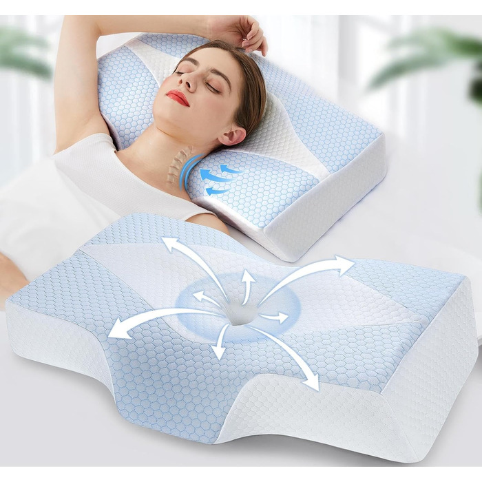 Ортопедична подушка з піни з ефектом пам&39яті, подушка для підтримки шиї від болю в шиї та плечах з охолодженням, чохол, що прається ергономічна подушка для сну та комфорту для сну на боці та спині, синьо-біла (63,5 см * 40,6 см * 10,7/13,2 см)