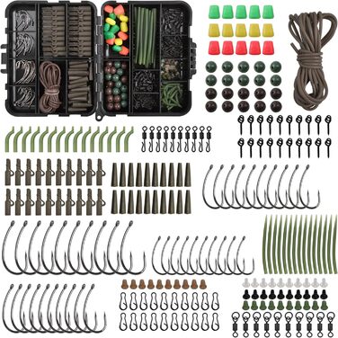 Набір снастей для риболовлі на коропа з 246 предметів, включаючи гачки для риболовлі на коропа, вертлюги для риболовлі на коропа, гільзи проти заплутування, намиста для риболовлі, мозолі, трубки для оснастки для риболовлі на коропа.