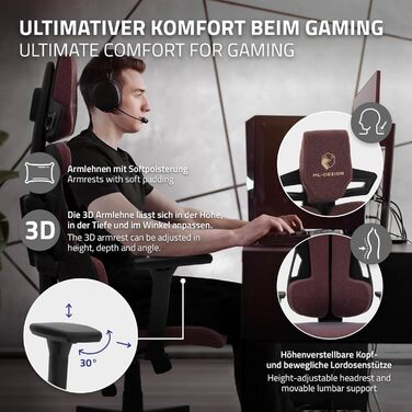 Ігрове крісло ML-Design, тканина, червоне, ергономічне офісне крісло, 3D підлокітники, підголівник, поперекова підтримка, індивідуально регульоване ігрове крісло, геймерське крісло, комп&39ютерне крісло, письмове крісло для домашнього офісу