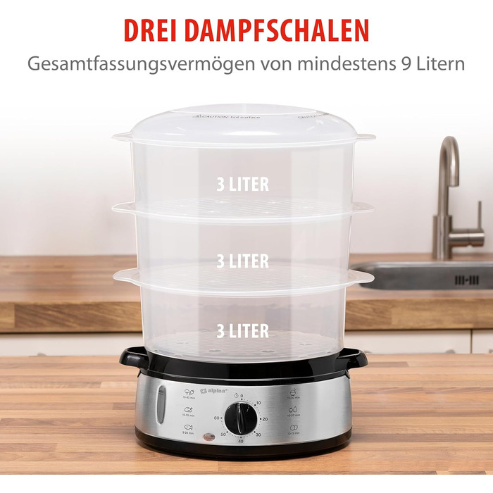 Електрична пароварка alpina 800 Вт - 3-шарова пароварка Baby BPA Free - Рисоварка, яку можна мити в посудомийній машині - Готова до використання від 0 до 60 хвилин - Ємність 9 літрів - Пластик/RVS - Сірий