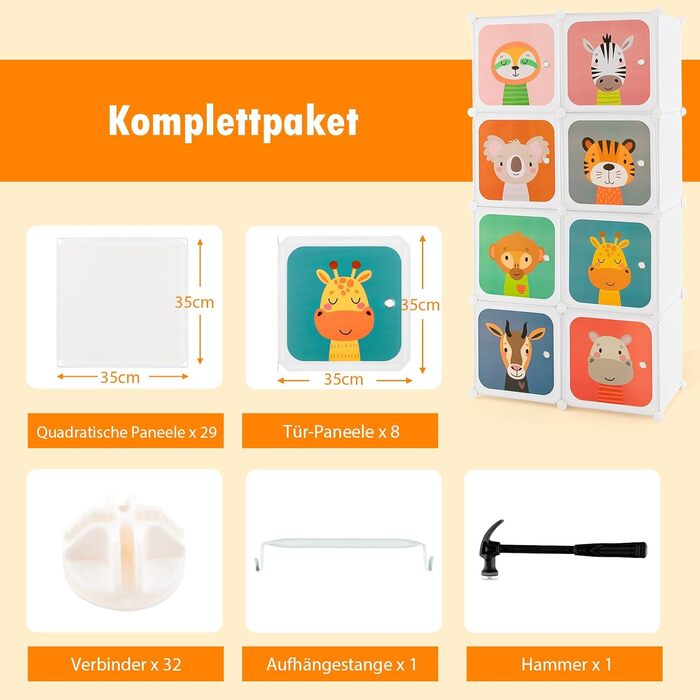 Дитяча шафа COSTWAY, система полиць з 8 кубиками, розширювана дитяча полиця, пластикова шафа для зберігання з дверцятами та вішалками для дитячої кімнати/спальні (біла, 8 кубиків) 8 кубиків білий