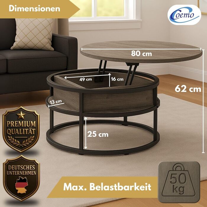 Сірий журнальний столик-гойдалка з регульованою стільницею та прихованим відділенням для зберігання, метал та дерево, бічний столик для вітальні, круглий диванний столик з місцем для зберігання, сучасний металевий стіл, столик для дивана