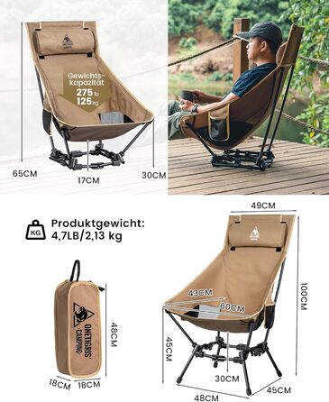 Крісло для кемпінгу OneTigris DRAGONHIDE, висока спинка, складне, вантажопідйомність 125 кг, легке складне кемпінгове крісло, складне рибальське крісло з 2 боковими кишенями, надлегке складне крісло для використання на свіжому повітрі, для походів, коричн