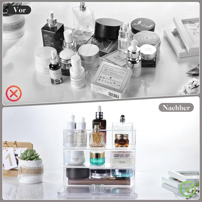Рівневий органайзер для макіяжу, зберігання косметики з кришкою, контейнер для пензлів для макіяжу, органайзер для макіяжу для туалетного столика, ванна кімната, прозорий, 3-