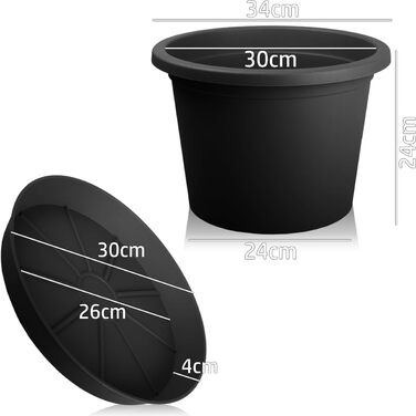 Квітковий горщик Stimo 6 шт. 34 см з блюдцем 30 см, сірий пластиковий горщик для рослин, круглий горщик (антрацит)