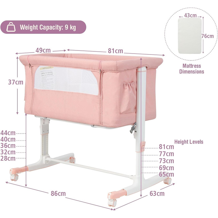 Дитяче ліжечко LIFEZEAL, мобільне дитяче ліжечко 3 в 1 з функцією гальма, регульоване по висоті дорожнє ліжечко для дітей від народження до 9 кг, дитяче ліжечко зі складною бічною панеллю та регулюванням нахилу спинки (рожеве)