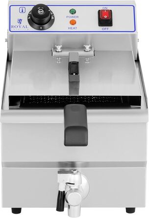 Електрична фритюрниця Royal Catering RCEF-10EH з нержавіючої сталі з кошиком (10 літрів, 3200 Вт, 230 В, термостат 60-200 C, 47,5 x 28 x 34,5 см, зливний кран)