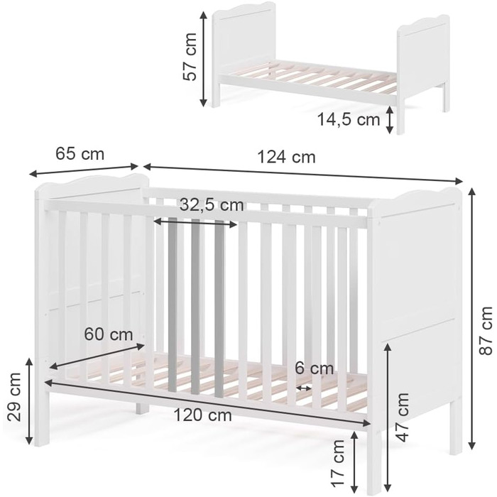 Дитяче ліжечко 60x120 см Tobi - Біле 124x87x65 см з дерева - дитяче ліжко із захистом від падіння, призначене для новонароджених та немовлят, з регульованою по висоті рейковою основою