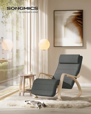 Крісло-гойдалка SONGMICS з підлокітниками з березового дерева, крісло-гойдалка, регульована підставка для ніг у 5 положеннях, вантажопідйомність до 150 кг, для спальні, вітальні, темно-сірий-натуральний LYY10G сірий бавовна-поліестер