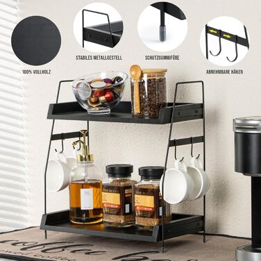 Кухонна полиця PUERSI, 2-рівневий органайзер для кави, дерев&39яний органайзер з гачками, кухонна полиця, підставка для спецій, органайзер для кухонних шаф - чорний