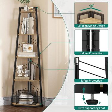 Рівнева кутова книжкова полиця - промислова окремостояча книжкова полиця з драбиною, сучасна відкрита дерев&39яна полиця для вітальні, коридору, домашнього офісу, дуб, 5-