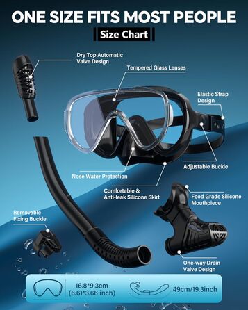 Набір для підводного плавання G2RISE для дорослих, маска для дайвінгу для дорослих, зручна маска для підводного плавання з трубкою, лінзами із загартованого скла та покращеною регульованою пряжкою для підводного плавання, дайвінгу, плавання, чорний темно-