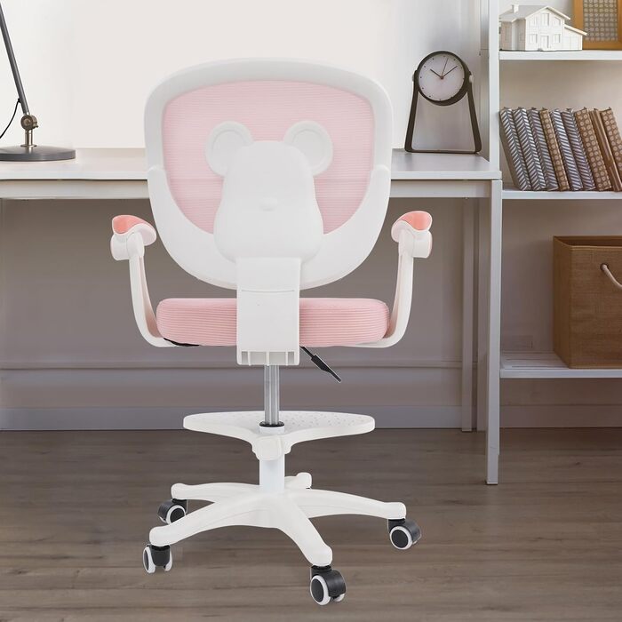 Дитячий офісний стілець для дітей віком від 6 років, регульований по висоті обертовий стілець, ергономічний офісний стілець з підлокітниками, спинкою та колесами, стілець для хлопчиків та дівчаток (рожевий)