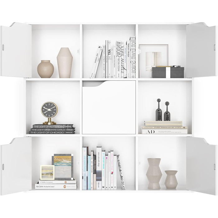 Книжкова полиця FirFurd, біла полиця, книжкова шафа з 5 дверцятами та 9 відділеннями, полиця для зберігання, офісна полиця для вітальні/кабінету, 90 x 29 x 90 см