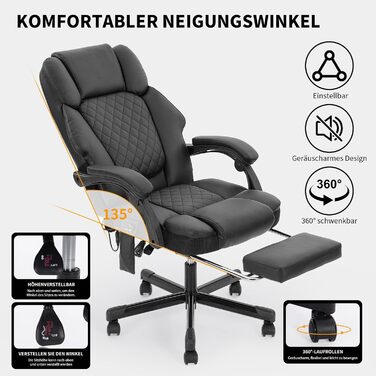 Ергономічне офісне крісло, масажне та підігріте крісло, обертове крісло з підставкою для ніг, меблі для кабінету, крісло для ПК, крісло керівника, тип PU (чорний)