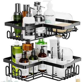 Душова полиця HapiRm, Душова полиця без свердління, Душова полиця кутова чорна з 11 гачками, мильниця і тримач для бритви, Душова