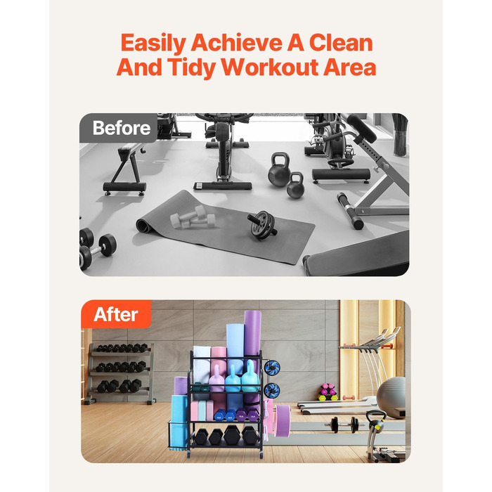 Стійка для зберігання домашніх гімнастик VEVOR, підставка для зберігання, тримач для килимка для йоги, стійка для килимка для йоги з колесами та гачками, стійка для штанги та важкої атлетики для домашнього фітнес-обладнання, 41 x 16 x 35 дюймів