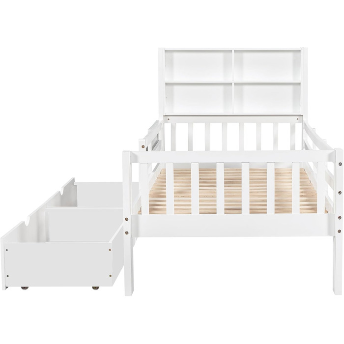 Дитяче ліжко 90x200, дерев&39яне ліжко з шухлядами та дошкою для малювання, узголів&39я з книжковою полицею та поручнями, ліжко з рейковою основою та місцем для зберігання речей, дитяче ліжко, функціональне ліжко, дерев&39яний каркас ліжка, без матраца, б