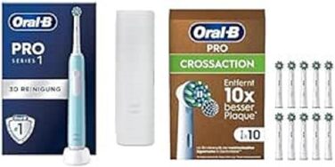 Електрична зубна щітка Oral-B Pro Series 1 10 щіток Pro CrossAction, 3 режими чищення, включаючи чутливий догляд за зубами, датчик тиску та таймер, дорожній кейс, дизайн від Braun, синій