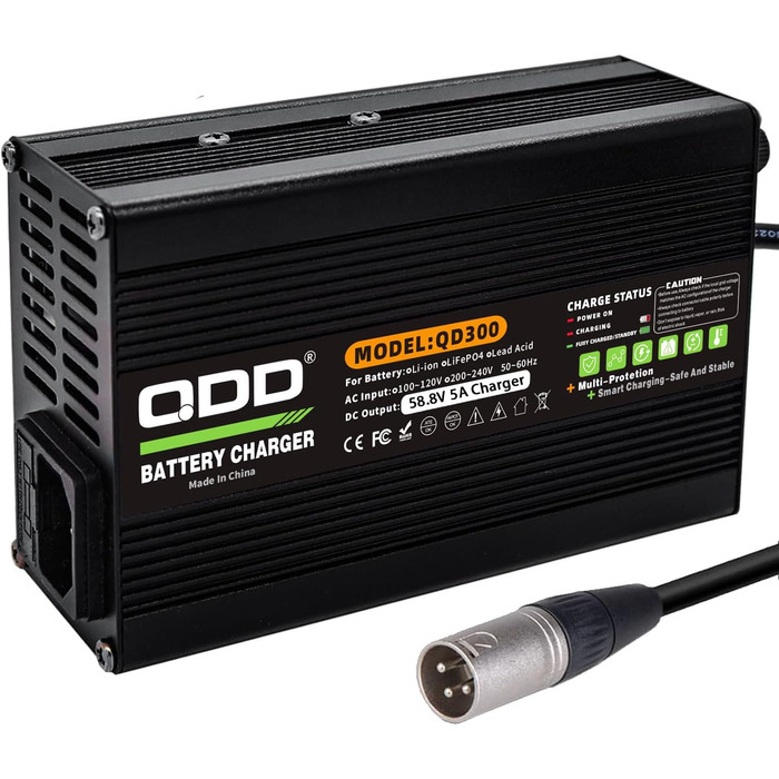 Зарядний пристрій QDD 58.8V 5A Li-ION з кількома захистами, підходить для літій-іонних акумуляторів 14S 52V, інтелектуальний зарядний пристрій