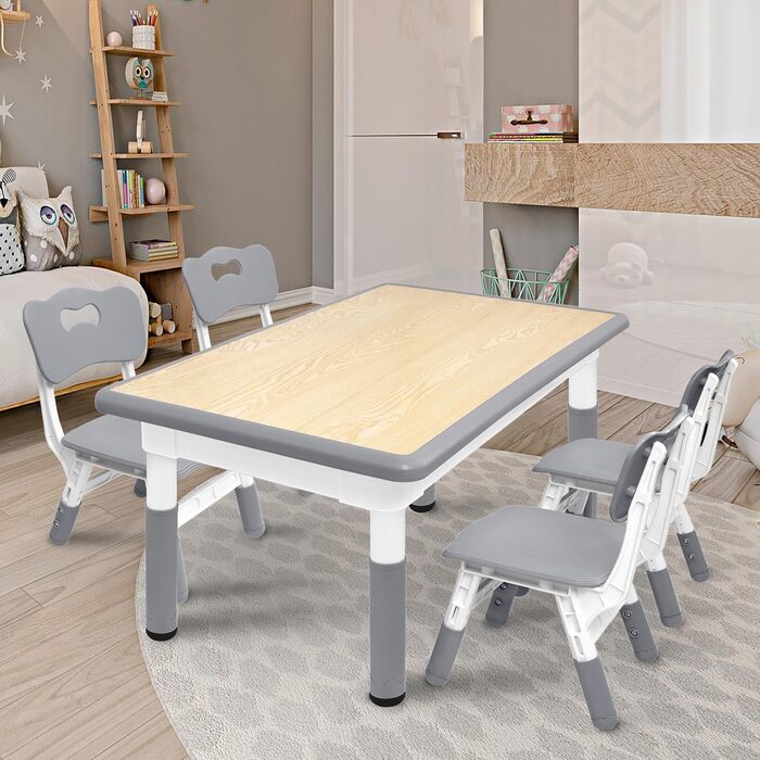 Дитячий стіл 120x60 см з 4 стільцями, комплект дитячих сидінь з регульованою висотою для дітей віком 2-10 років, дерев&39яний дитячий стіл та стільці, ідеально підходить для дитячого садка, класу та дому, сірий