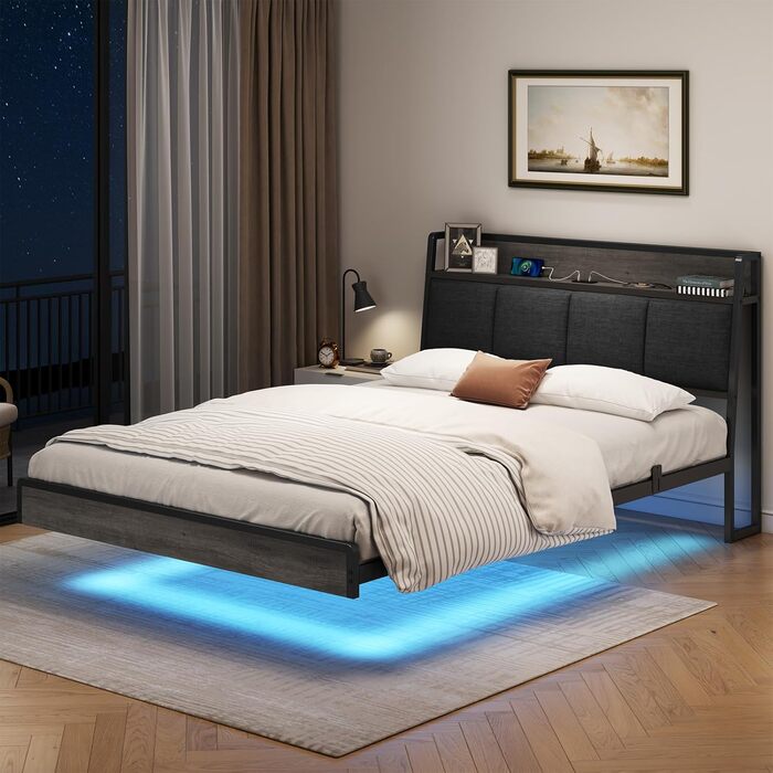 Ліжко 140 x 200, ліжко зі світлодіодним підсвічуванням, м&39яке ліжко 140 x 200, візуальний ефект плаваючого дизайну, зарядна станція, каркас ліжка з рейковою основою, для спальні, гостьової кімнати, лляна тканина сірого кольору 140 x 200 см сірого кольор