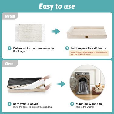 Ортопедичне ліжко для собак, диван для середніх або великих собак, великий підтримуючий кушетка з пінопласту з водонепроникною підкладкою, протиковзке, що прається, L-подібна, 44x32x7 дюймів, бежевий бежевий XL (111*81*17 см)