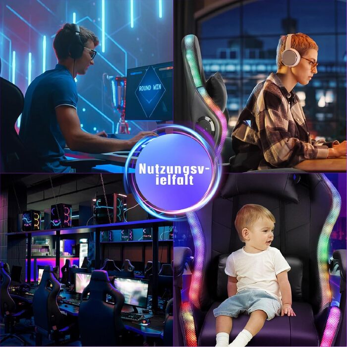 Ергономічне ігрове крісло з RGB-підсвічуванням 12 кольорів, ігрові крісла для дорослих з підставкою для ніг, підголівником та підлокітниками, крісло для ПК зі штучної шкіри, ігрове крісло з регульованою висотою для офісу та дому, чорний