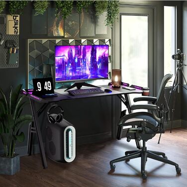 Ігровий стіл 120x60 см Ігровий стіл зі світлодіодним освітленням Комп&39ютерний стіл з карбоновою поверхнею Офісний стіл ПК з гачком для навушників та тримачем для напоїв, чорний 120 см