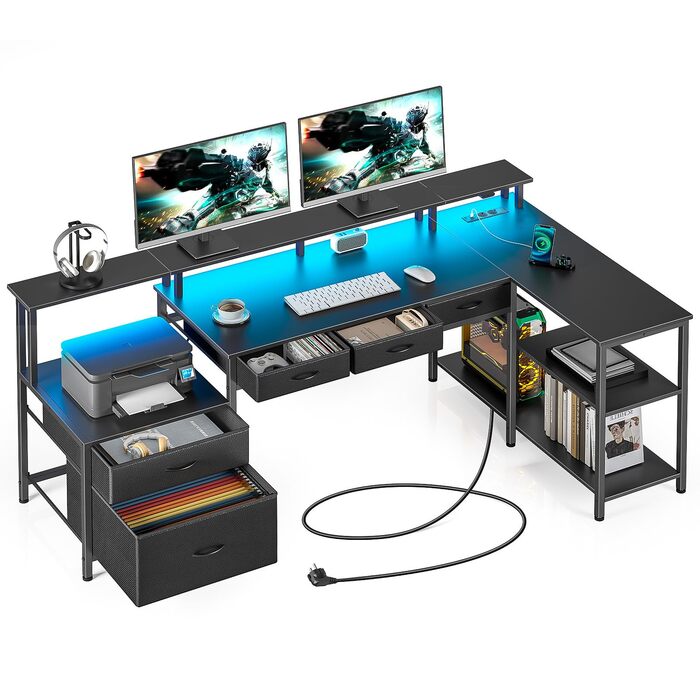 Г-подібний письмовий стіл на сім столів, комп&39ютерний стіл з розеткою, підставкою для світлодіодного освітлення та монітора, кутовий стіл з висувними шухлядами, ідеально підходить для спальні, офісу, вітальні, чорний