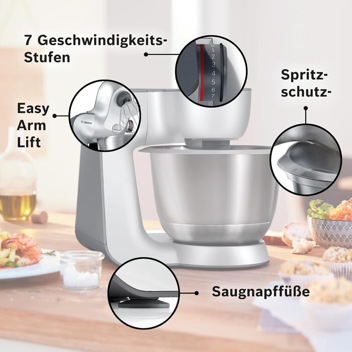 Кухонна машина Bosch Serie 4 MUM56340 чаша 3,9 л, блендер 1,25 л, м'ясорубка, соковижималка, міксер, тістоміс, шинкарка з 3 дисками, 900 Вт, антрацит/срібло