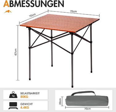 Складаний кемпінговий стіл PORTAL з алюмінієвою стільницею, вантажопідйомність 80 кг, з сумкою для перенесення для пікніків, барбекю, саду, балкону, коричневий